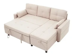 Sofá|DripeX Sofá angular conversível em veludo - 3 lugares - com armazenamento, porta-copos de aço inoxidável - 205x139x87cm - Bege