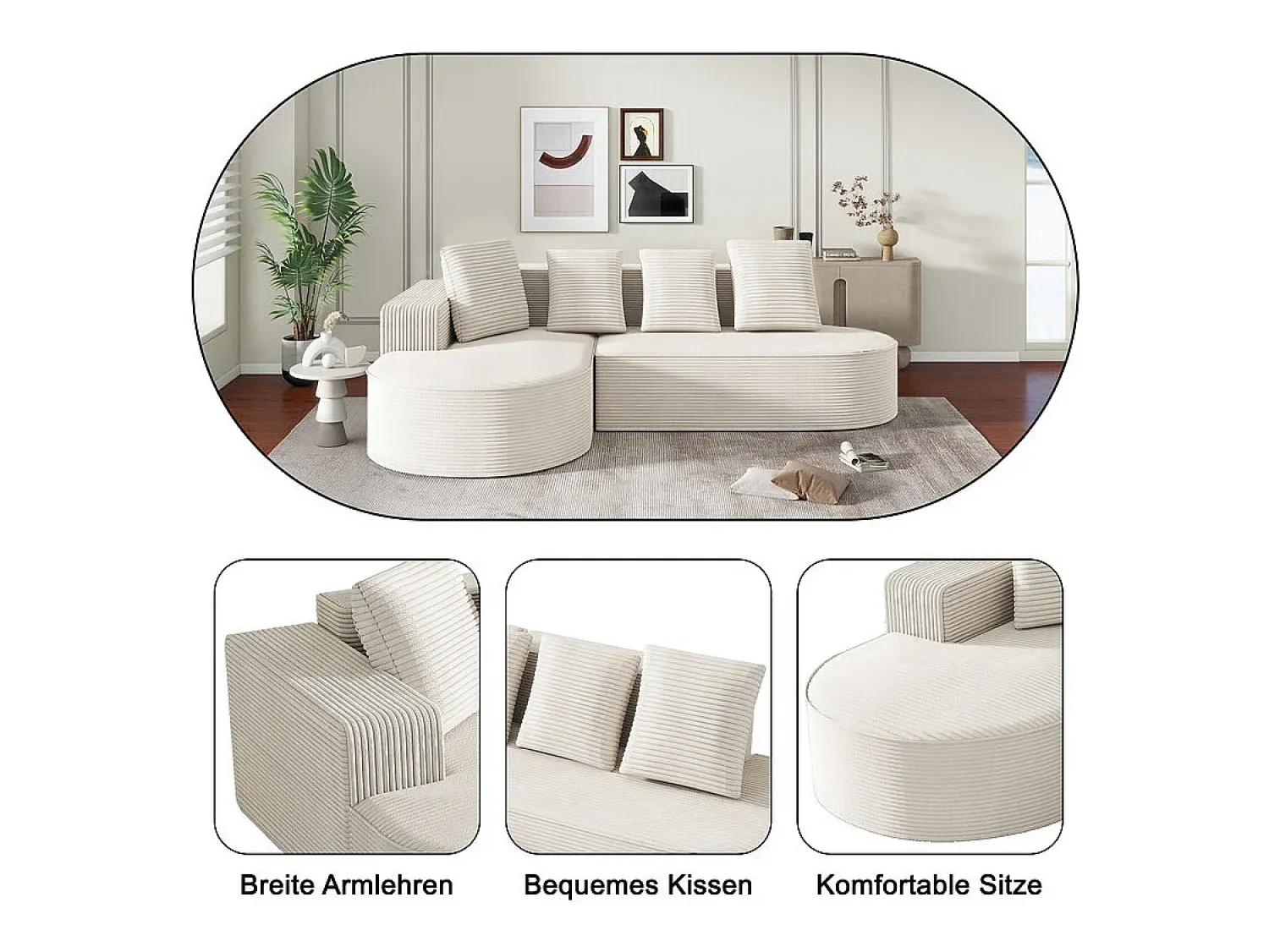 Clearance DripeX Sofá angular esquerdo de Veludo de canelura larga com 4 almofadas - 265x67x40,5cm - Branco