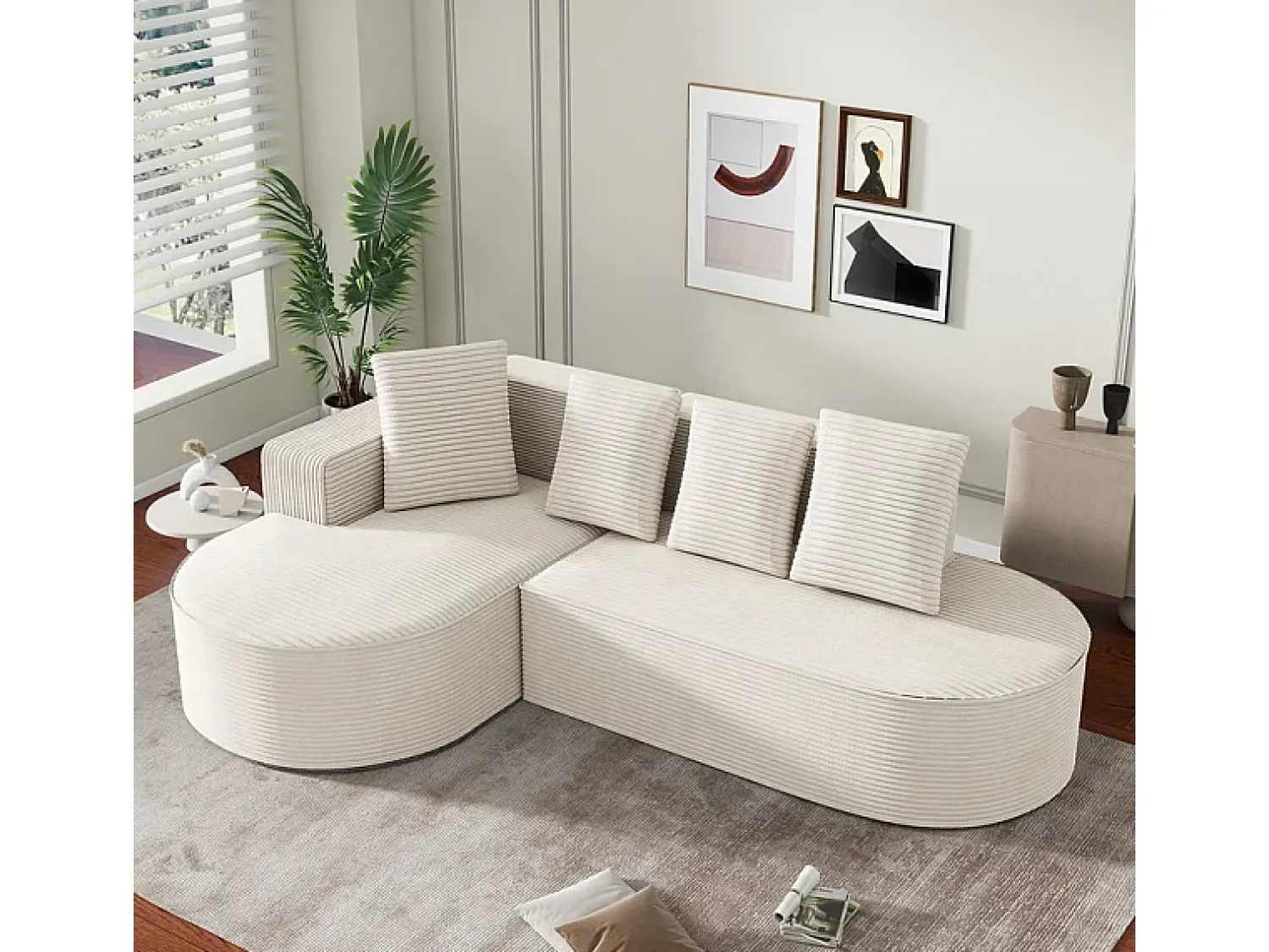 Clearance DripeX Sofá angular esquerdo de Veludo de canelura larga com 4 almofadas - 265x67x40,5cm - Branco