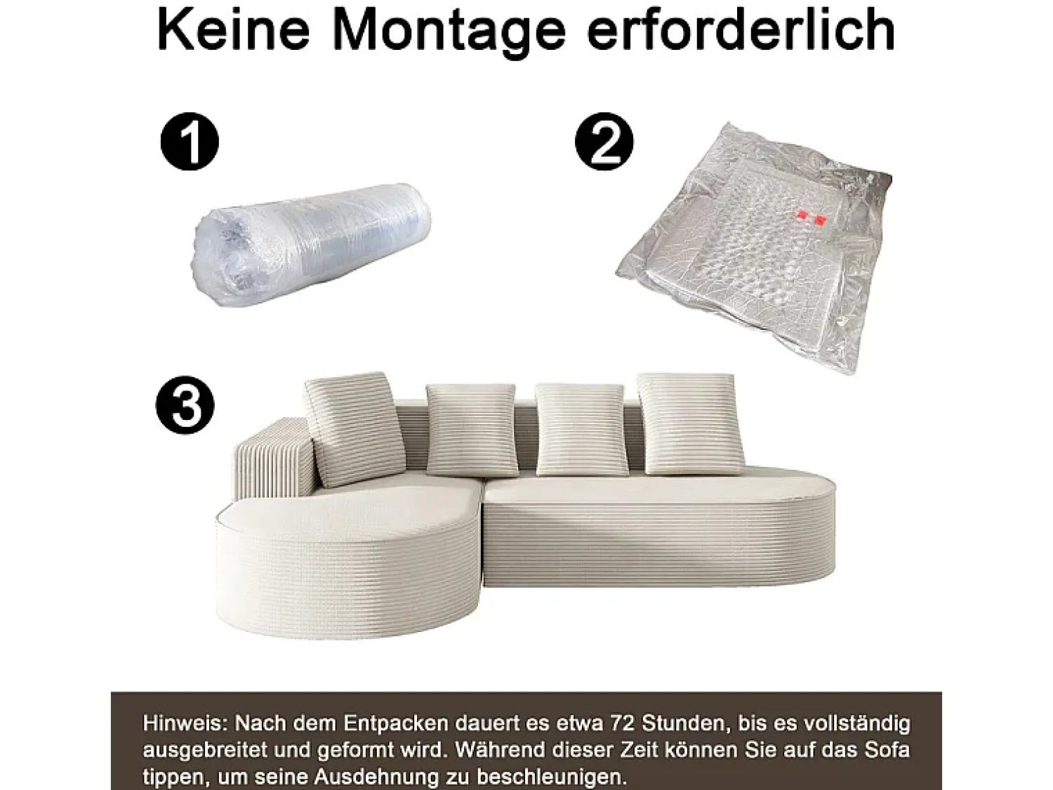 Clearance DripeX Sofá angular esquerdo de Veludo de canelura larga com 4 almofadas - 265x67x40,5cm - Branco