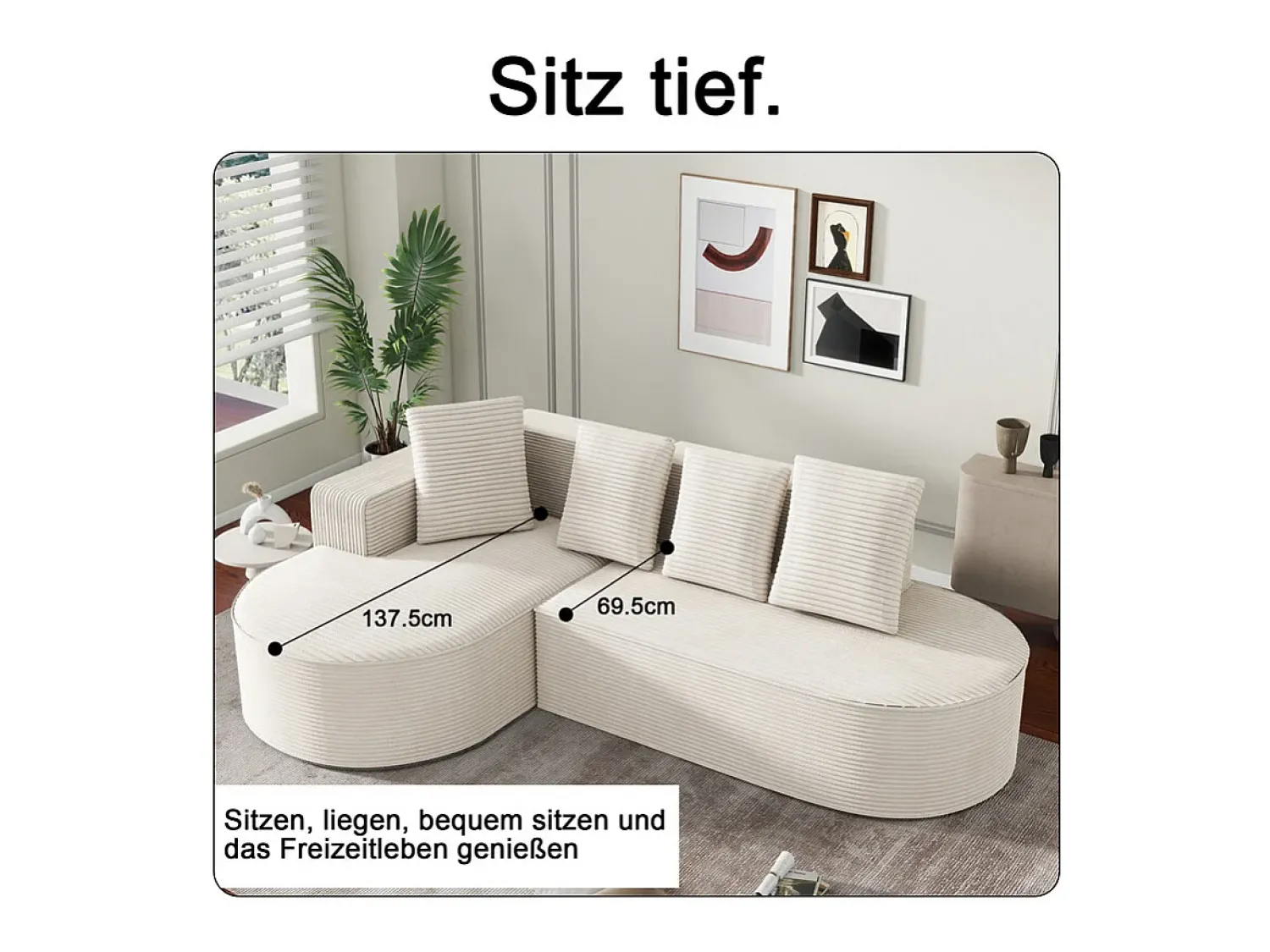 Clearance DripeX Sofá angular esquerdo de Veludo de canelura larga com 4 almofadas - 265x67x40,5cm - Branco
