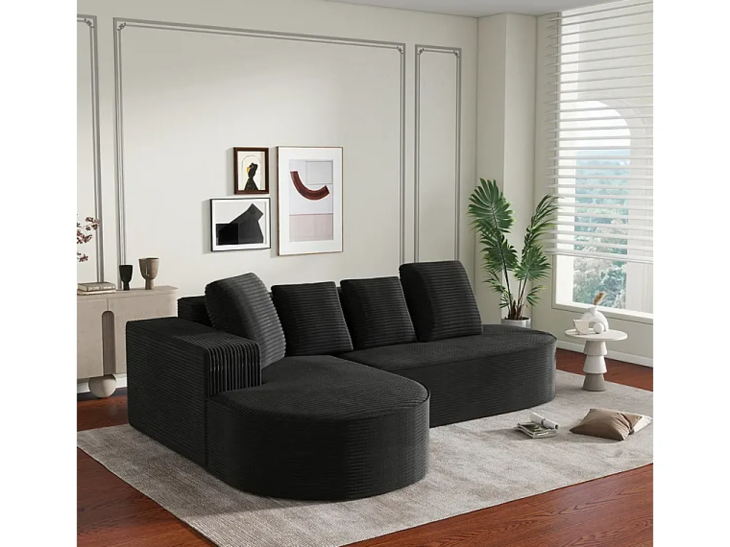 Sofá|DripeX Sofá angular esquerdo de Veludo de canelura larga com 4 almofadas - 265x67x40,5cm - Preto