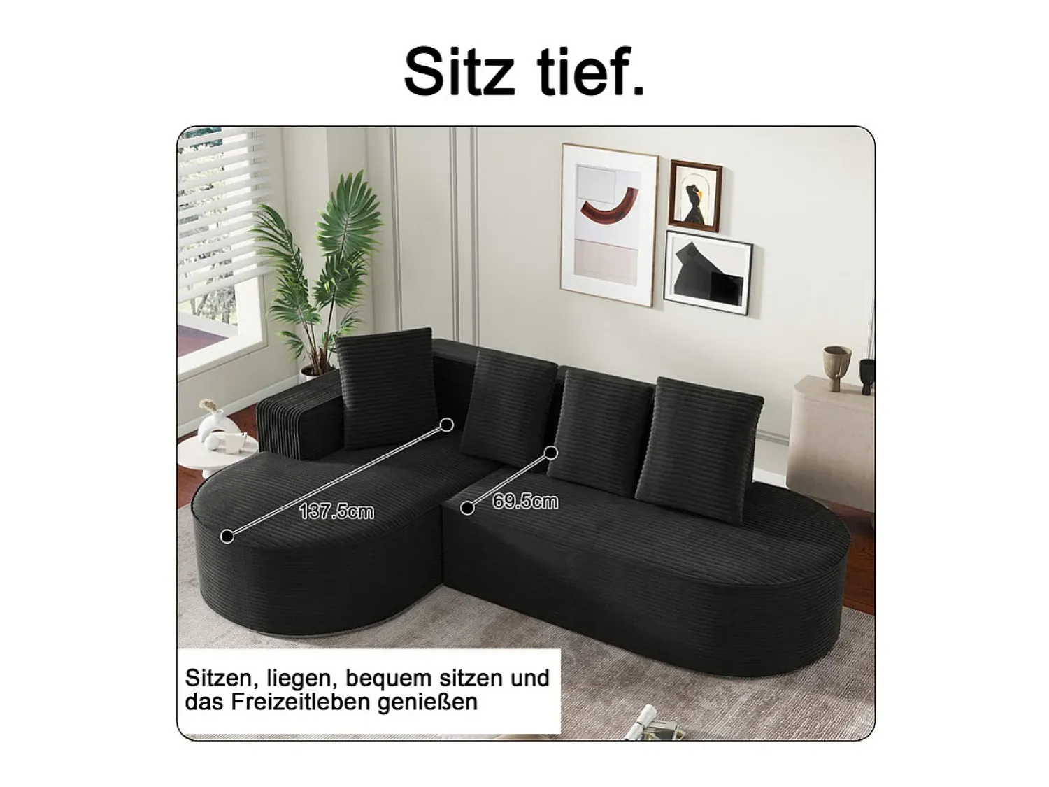 Sofá|DripeX Sofá angular esquerdo de Veludo de canelura larga com 4 almofadas - 265x67x40,5cm - Preto