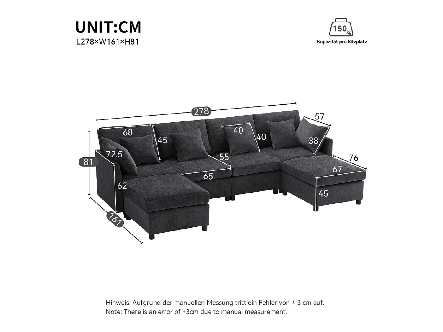 Sofá|ModernLuxe Sofá angular moderno em L - com apoio pés removível - 4 lugares - Cinza Cinzento