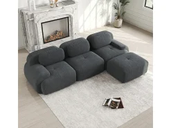Sofá*DripeX Sofá angular modular 3 lugares - de Veludo cotelê - com 3 almofadas e puff - 298x178x75cm - Cinza Cinzento