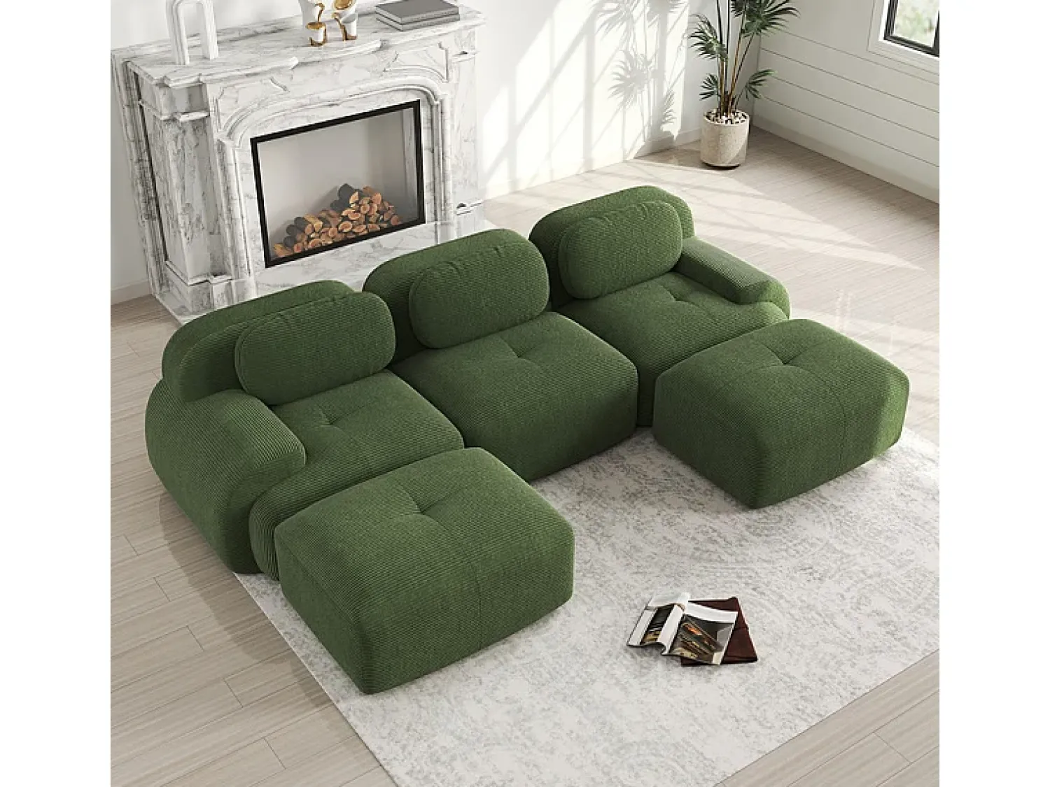 DripeX Sofá angular modular 3 lugares - de Veludo cotelê - com 3 almofadas e 2 puffs - 298x178x75cm -^ Sofá