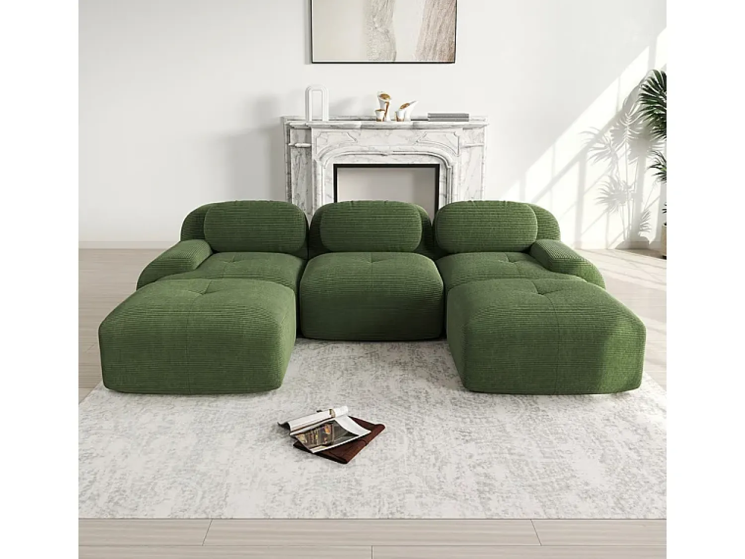 DripeX Sofá angular modular 3 lugares - de Veludo cotelê - com 3 almofadas e 2 puffs - 298x178x75cm -^ Sofá