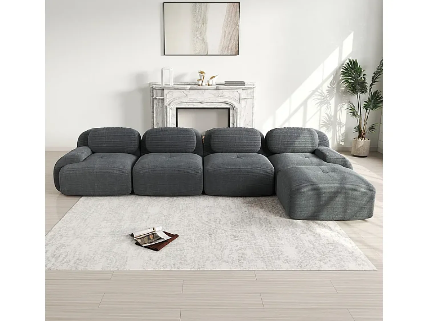 Sofá*DripeX Sofá angular modular 4 lugares - de Veludo cotelê - com 4 almofadas e puff - 388x178x75cm - Cinza Cinzento