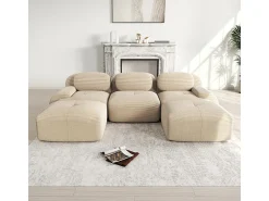 Sofá*DripeX Sofá angular modular 3 lugares - de Veludo cotelê - com 3 almofadas e 2 puffs - 298x178x75cm - Bege