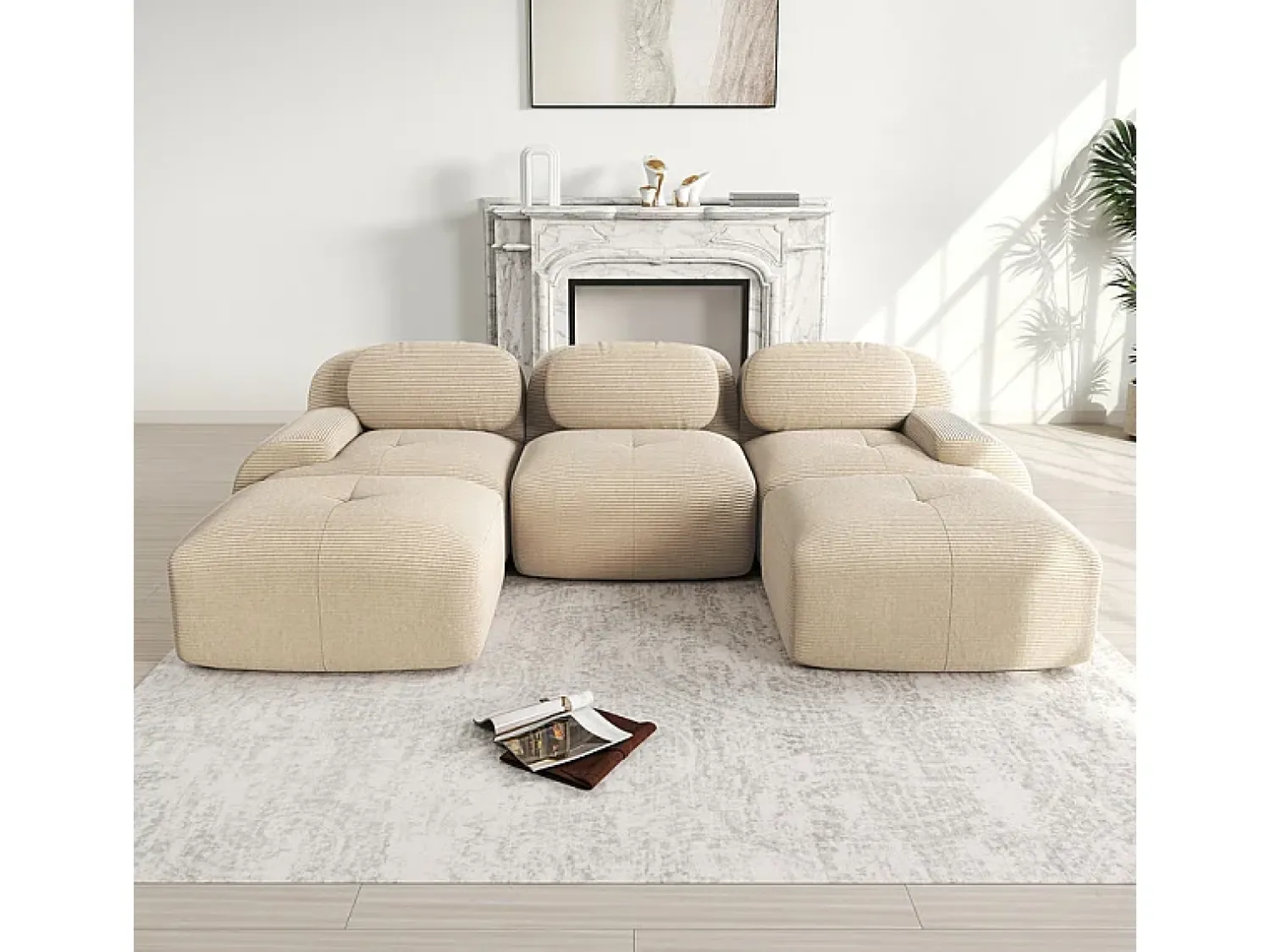 Sofá*DripeX Sofá angular modular 3 lugares - de Veludo cotelê - com 3 almofadas e 2 puffs - 298x178x75cm - Bege
