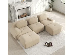 Sofá*DripeX Sofá angular modular 3 lugares - de Veludo cotelê - com 3 almofadas e 2 puffs - 298x178x75cm - Bege