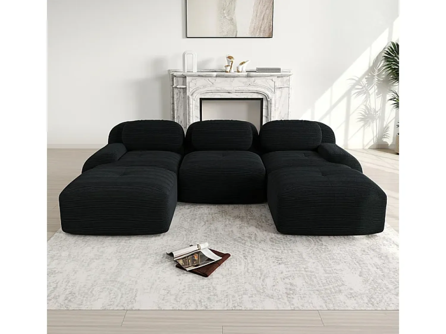Sofá|DripeX Sofá angular modular 3 lugares - de Veludo cotelê - com 3 almofadas e 2 puffs - 298x178x75cm - Preto