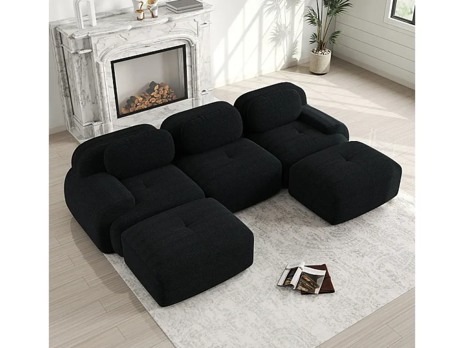 Sofá|DripeX Sofá angular modular 3 lugares - de Veludo cotelê - com 3 almofadas e 2 puffs - 298x178x75cm - Preto