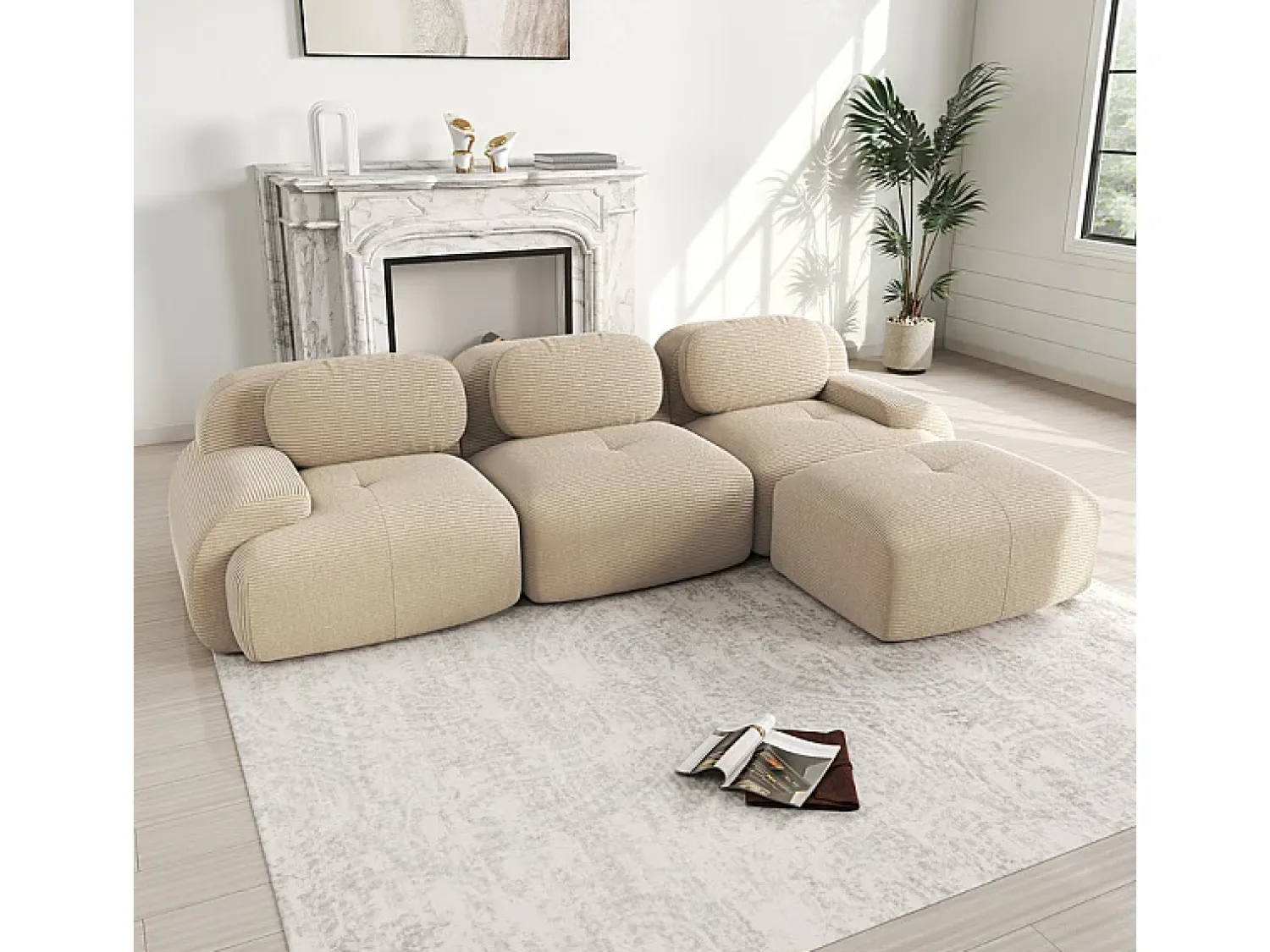 Sale DripeX Sofá angular modular 3 lugares - de Veludo cotelê - com 3 almofadas e puff - 298x178x75cm - Bege