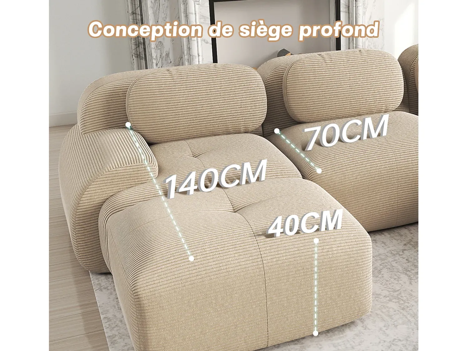 Sale DripeX Sofá angular modular 3 lugares - de Veludo cotelê - com 3 almofadas e puff - 298x178x75cm - Bege