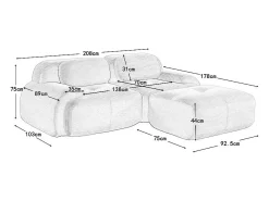 DripeX Sofá angular modular 2 lugares - de Veludo cotelê - com 2 almofadas e puff - ergonómico - 208x178x75cm - Bege