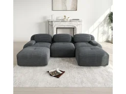 Sofá|DripeX Sofá angular modular 3 lugares - de Veludo cotelê - com 3 almofadas e 2 puffs - 298x178x75cm - Cinza Cinzento