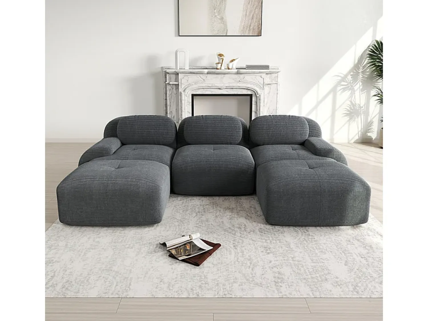 Sofá|DripeX Sofá angular modular 3 lugares - de Veludo cotelê - com 3 almofadas e 2 puffs - 298x178x75cm - Cinza Cinzento