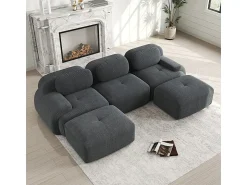 Sofá|DripeX Sofá angular modular 3 lugares - de Veludo cotelê - com 3 almofadas e 2 puffs - 298x178x75cm - Cinza Cinzento