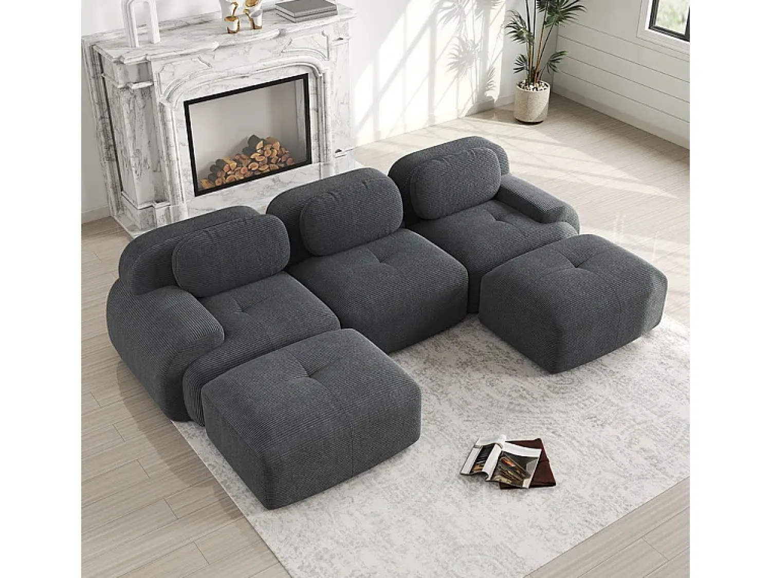 Sofá|DripeX Sofá angular modular 3 lugares - de Veludo cotelê - com 3 almofadas e 2 puffs - 298x178x75cm - Cinza Cinzento