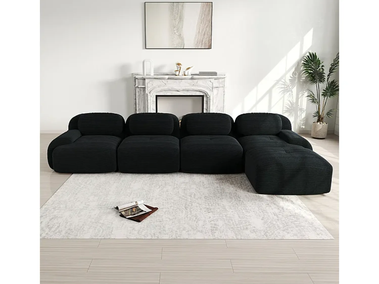 DripeX Sofá angular modular 4 lugares - de Veludo cotelê - com 4 almofadas e puff - 388x178x75cm -^ Sofá