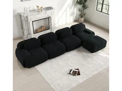 DripeX Sofá angular modular 4 lugares - de Veludo cotelê - com 4 almofadas e puff - 388x178x75cm -^ Sofá
