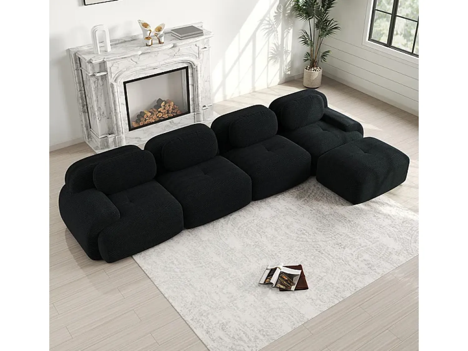 DripeX Sofá angular modular 4 lugares - de Veludo cotelê - com 4 almofadas e puff - 388x178x75cm -^ Sofá