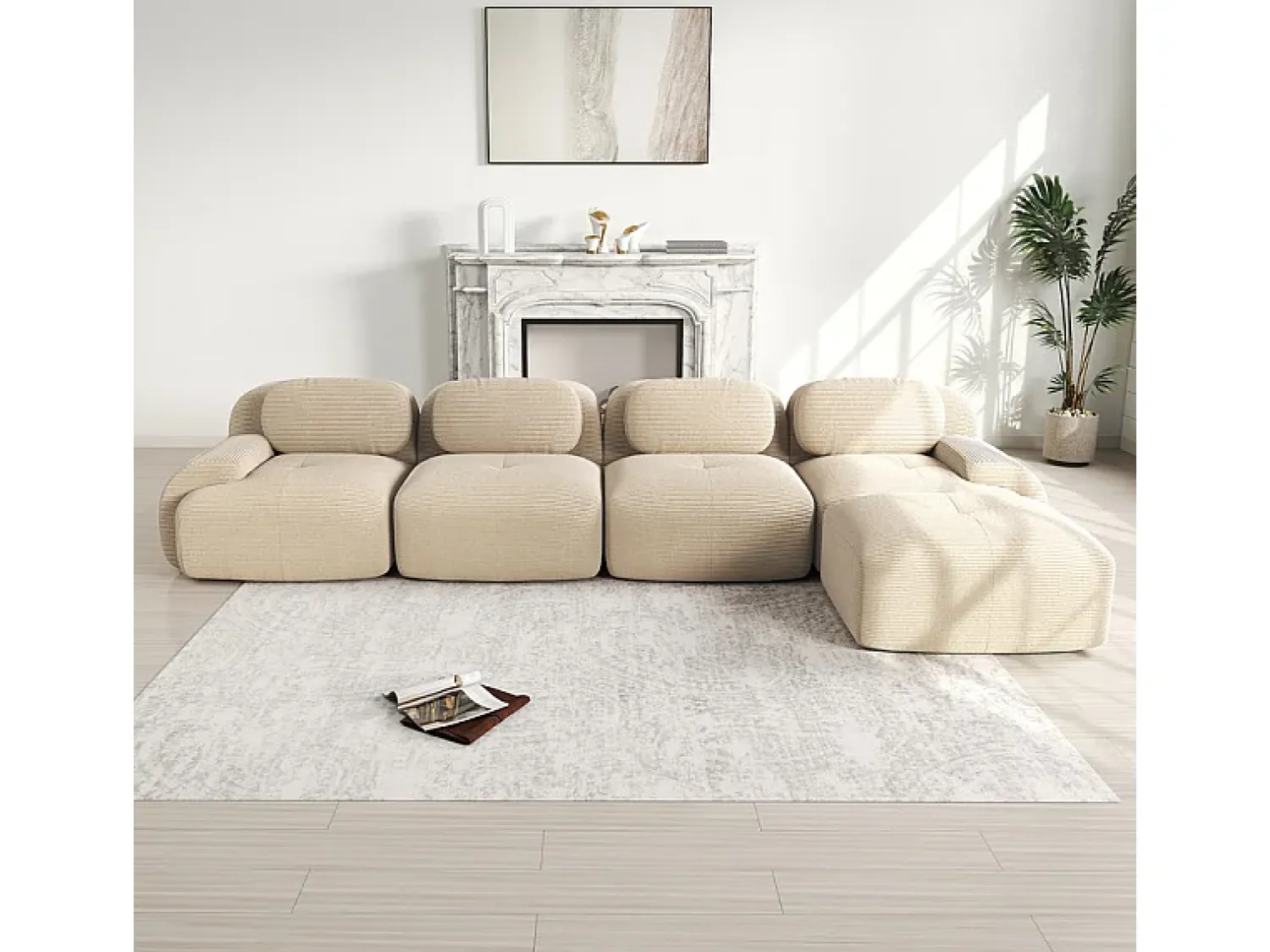 DripeX Sofá angular modular 4 lugares - de Veludo cotelê - com 4 almofadas e puff - 388x178x75cm -^ Sofá