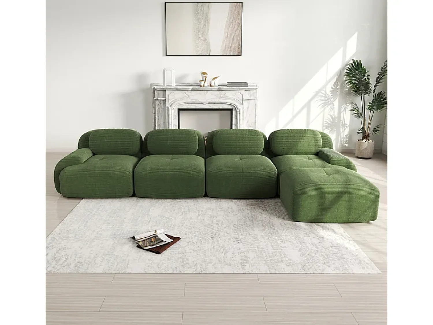 Sofá*DripeX Sofá angular modular 4 lugares - de Veludo cotelê - com 4 almofadas e puff - 388x178x75cm - Verde