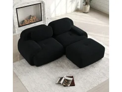 New DripeX Sofá angular modular 2 lugares - de Veludo cotelê - com 2 almofadas e puff - ergonómico - 208x178x75cm - Preto