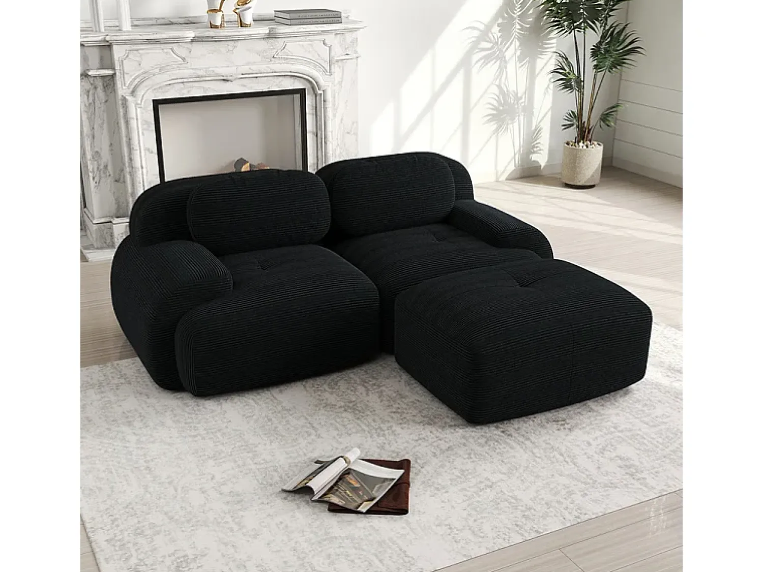 New DripeX Sofá angular modular 2 lugares - de Veludo cotelê - com 2 almofadas e puff - ergonómico - 208x178x75cm - Preto