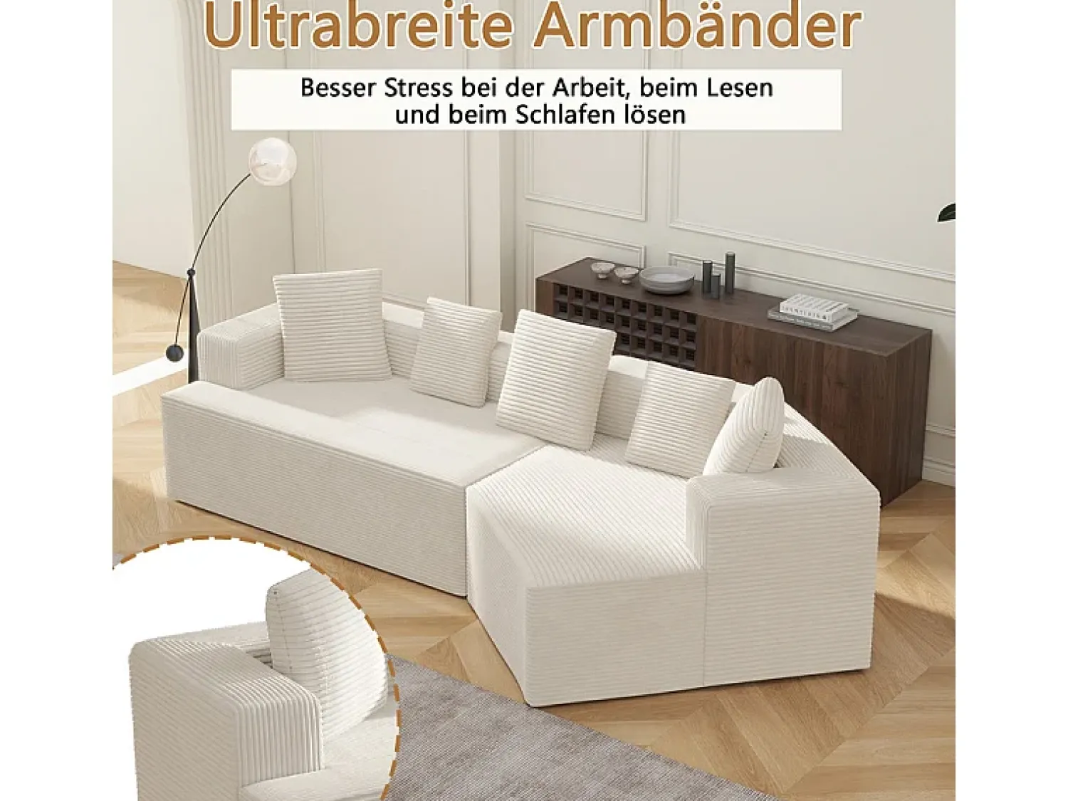 DripeX Sofá angular reto modular 307cm - de Veludo de canelura larga - 3 lugares - com 5 almofadas -^ Sofá