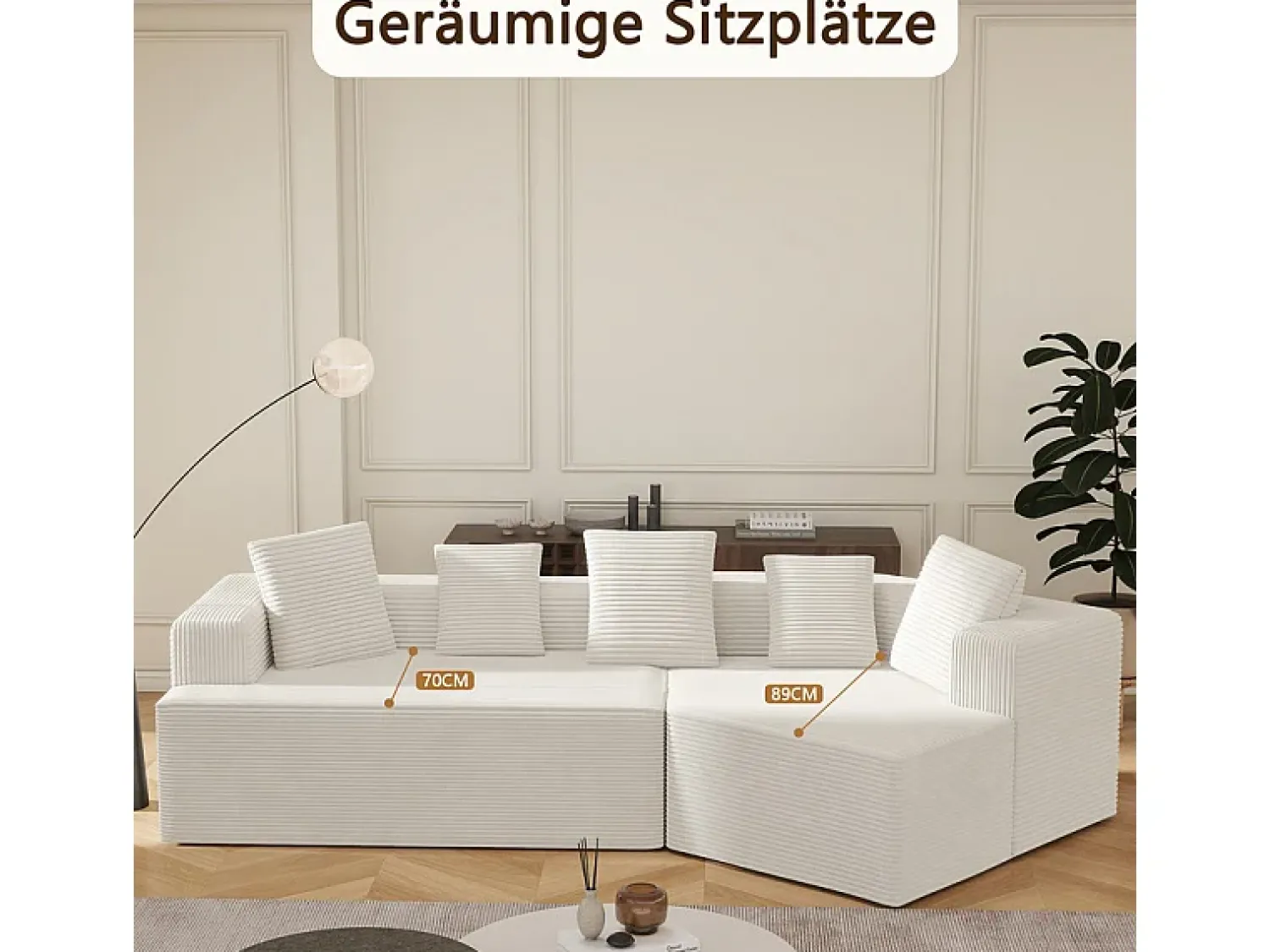 DripeX Sofá angular reto modular 307cm - de Veludo de canelura larga - 3 lugares - com 5 almofadas -^ Sofá