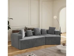 Sofá|DripeX Sofá angular reto modular 307cm - de Veludo de canelura larga - 3 lugares - com 5 almofadas - Cinza Cinzento