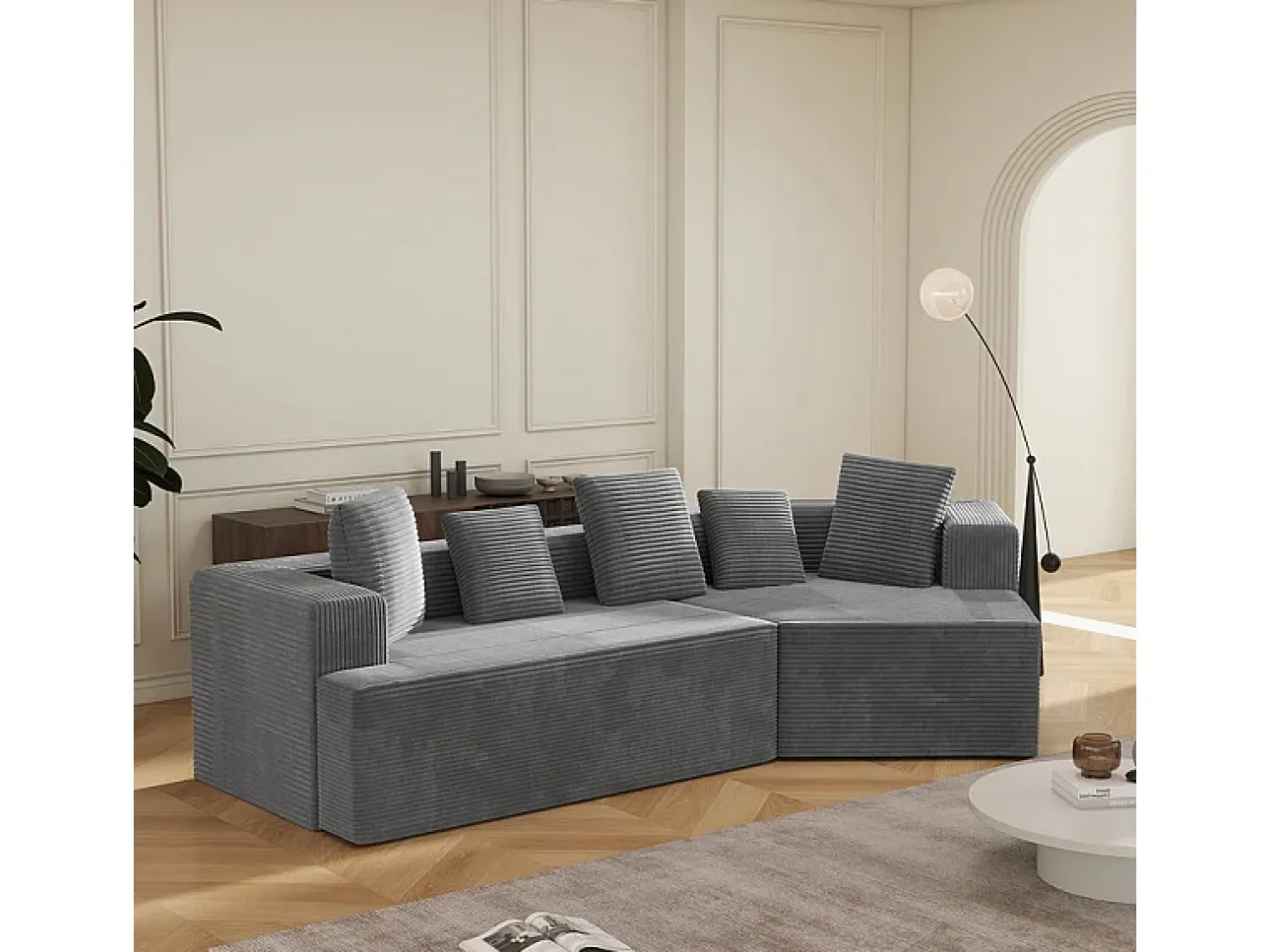 Sofá|DripeX Sofá angular reto modular 307cm - de Veludo de canelura larga - 3 lugares - com 5 almofadas - Cinza Cinzento