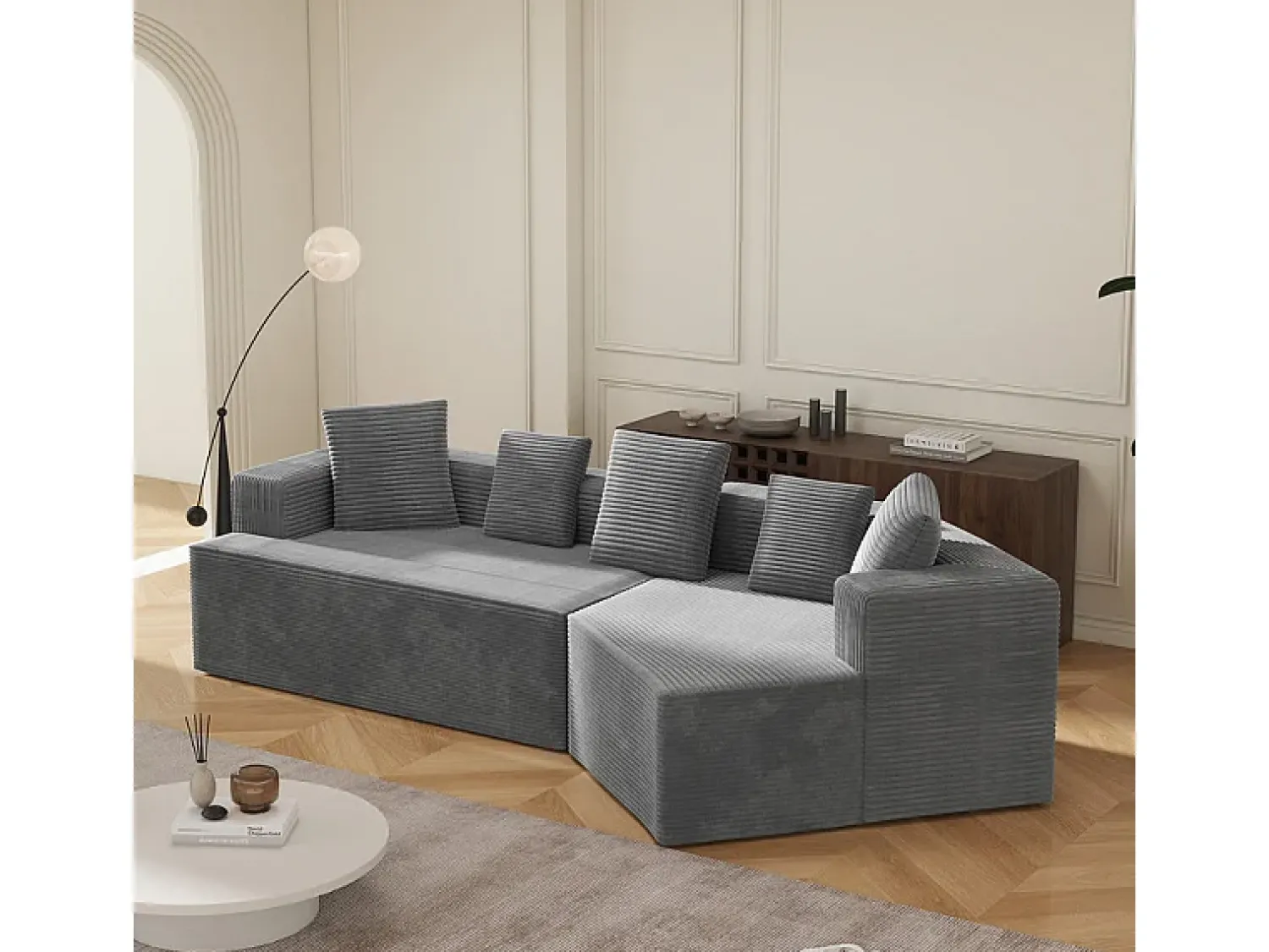 Sofá|DripeX Sofá angular reto modular 307cm - de Veludo de canelura larga - 3 lugares - com 5 almofadas - Cinza Cinzento