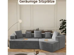 Sofá|DripeX Sofá angular reto modular 307cm - de Veludo de canelura larga - 3 lugares - com 5 almofadas - Cinza Cinzento