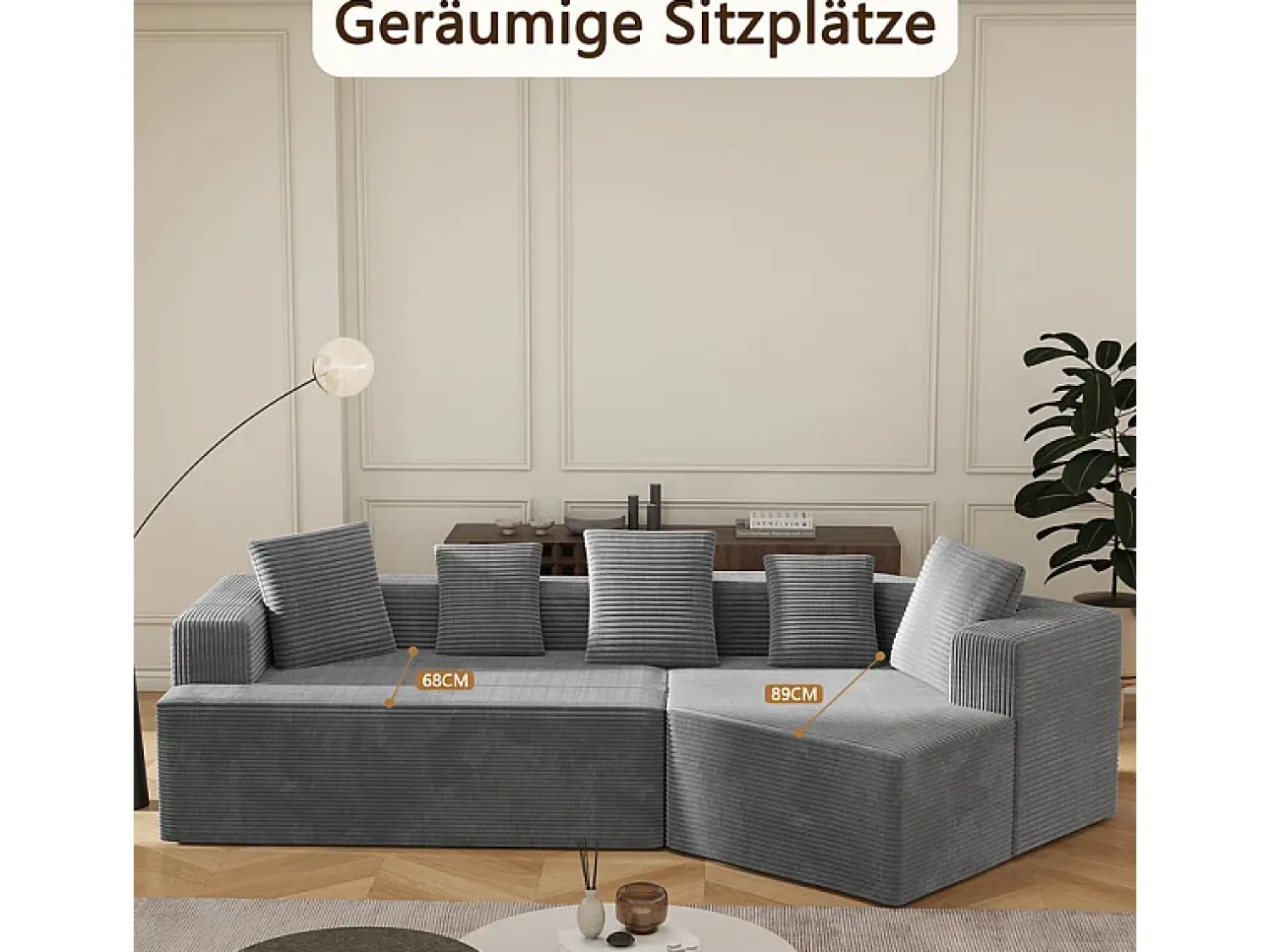 Sofá|DripeX Sofá angular reto modular 307cm - de Veludo de canelura larga - 3 lugares - com 5 almofadas - Cinza Cinzento
