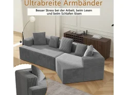 Sofá|DripeX Sofá angular reto modular 307cm - de Veludo de canelura larga - 3 lugares - com 5 almofadas - Cinza Cinzento