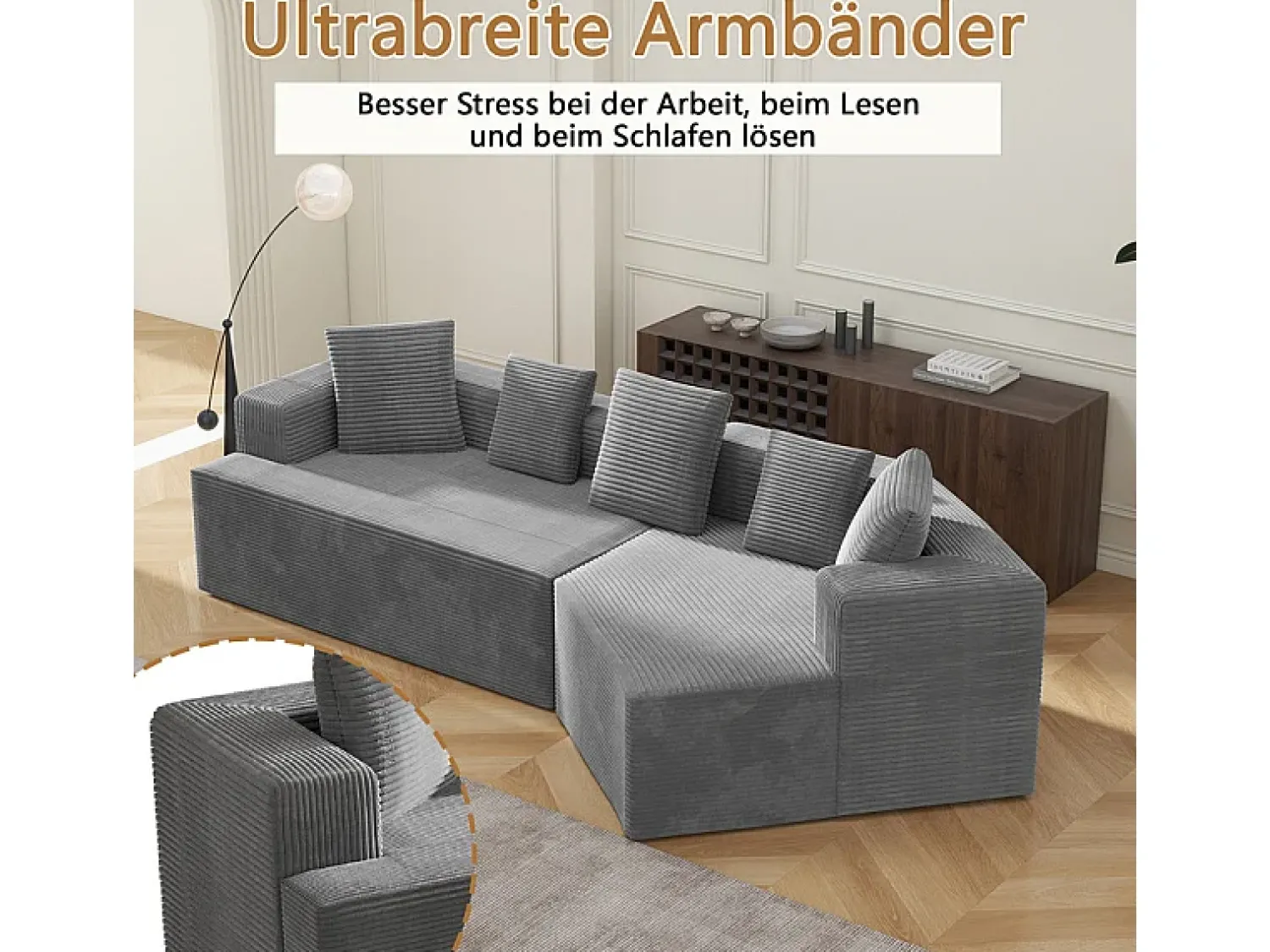 Sofá|DripeX Sofá angular reto modular 307cm - de Veludo de canelura larga - 3 lugares - com 5 almofadas - Cinza Cinzento