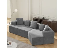 Sofá|DripeX Sofá angular reto modular 307cm - de Veludo de canelura larga - 3 lugares - com 5 almofadas - Cinza Cinzento