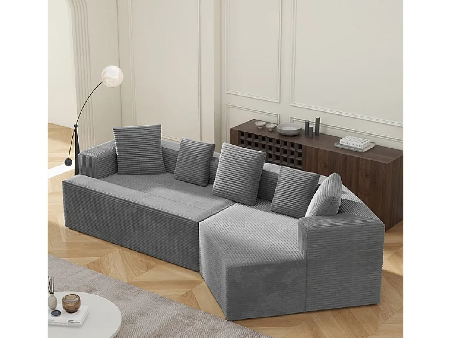 Sofá|DripeX Sofá angular reto modular 307cm - de Veludo de canelura larga - 3 lugares - com 5 almofadas - Cinza Cinzento