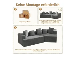 Sofá|DripeX Sofá angular reto modular 307cm - de Veludo de canelura larga - 3 lugares - com 5 almofadas - Cinza Cinzento