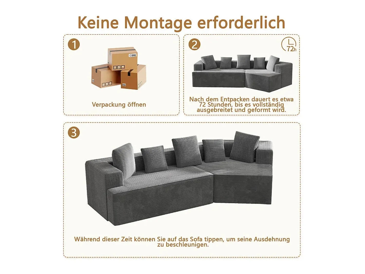 Sofá|DripeX Sofá angular reto modular 307cm - de Veludo de canelura larga - 3 lugares - com 5 almofadas - Cinza Cinzento