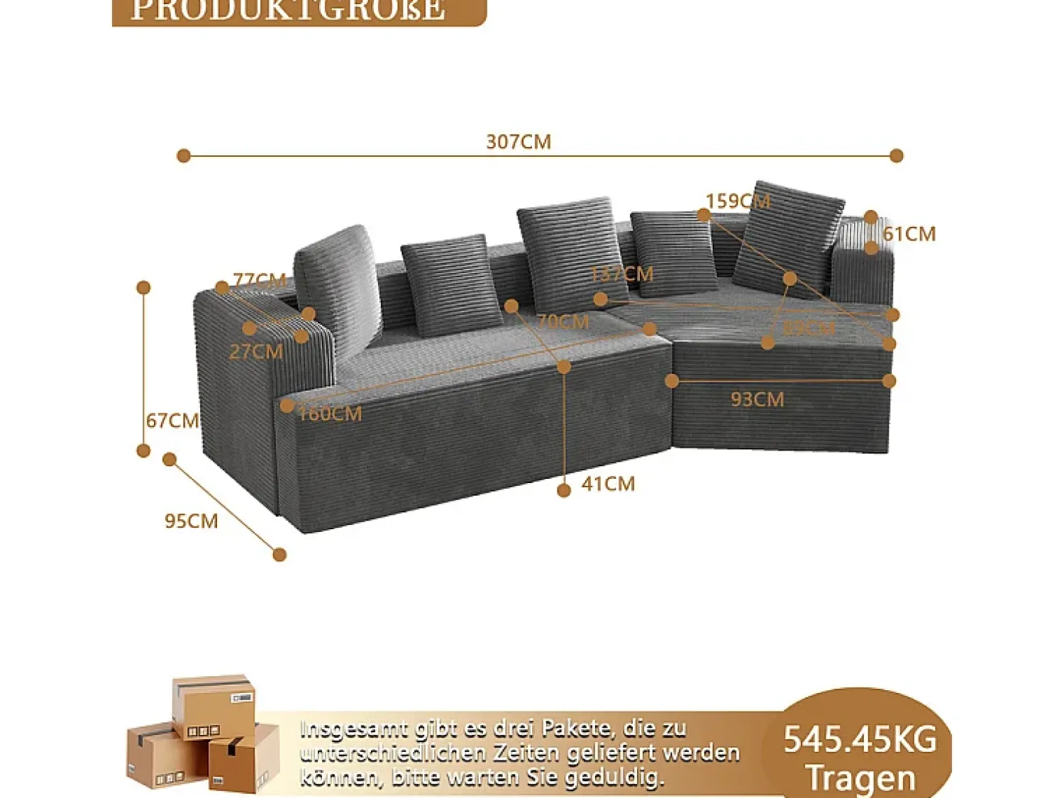 Sofá|DripeX Sofá angular reto modular 307cm - de Veludo de canelura larga - 3 lugares - com 5 almofadas - Cinza Cinzento