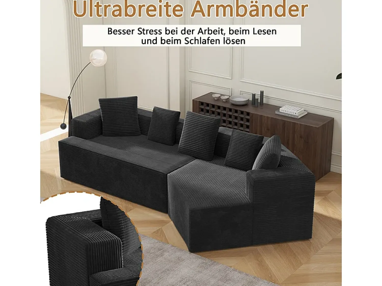 Sofá*DripeX Sofá angular reto modular 307cm - de Veludo de canelura larga - 3 lugares - com 5 almofadas - Preto