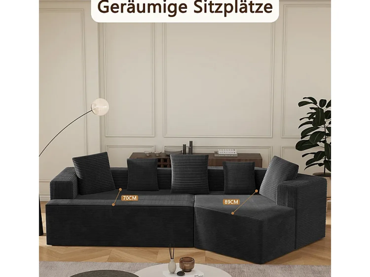 Sofá*DripeX Sofá angular reto modular 307cm - de Veludo de canelura larga - 3 lugares - com 5 almofadas - Preto