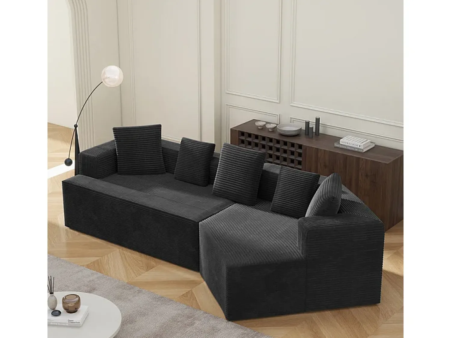 Sofá*DripeX Sofá angular reto modular 307cm - de Veludo de canelura larga - 3 lugares - com 5 almofadas - Preto