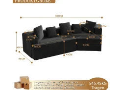 Sofá*DripeX Sofá angular reto modular 307cm - de Veludo de canelura larga - 3 lugares - com 5 almofadas - Preto