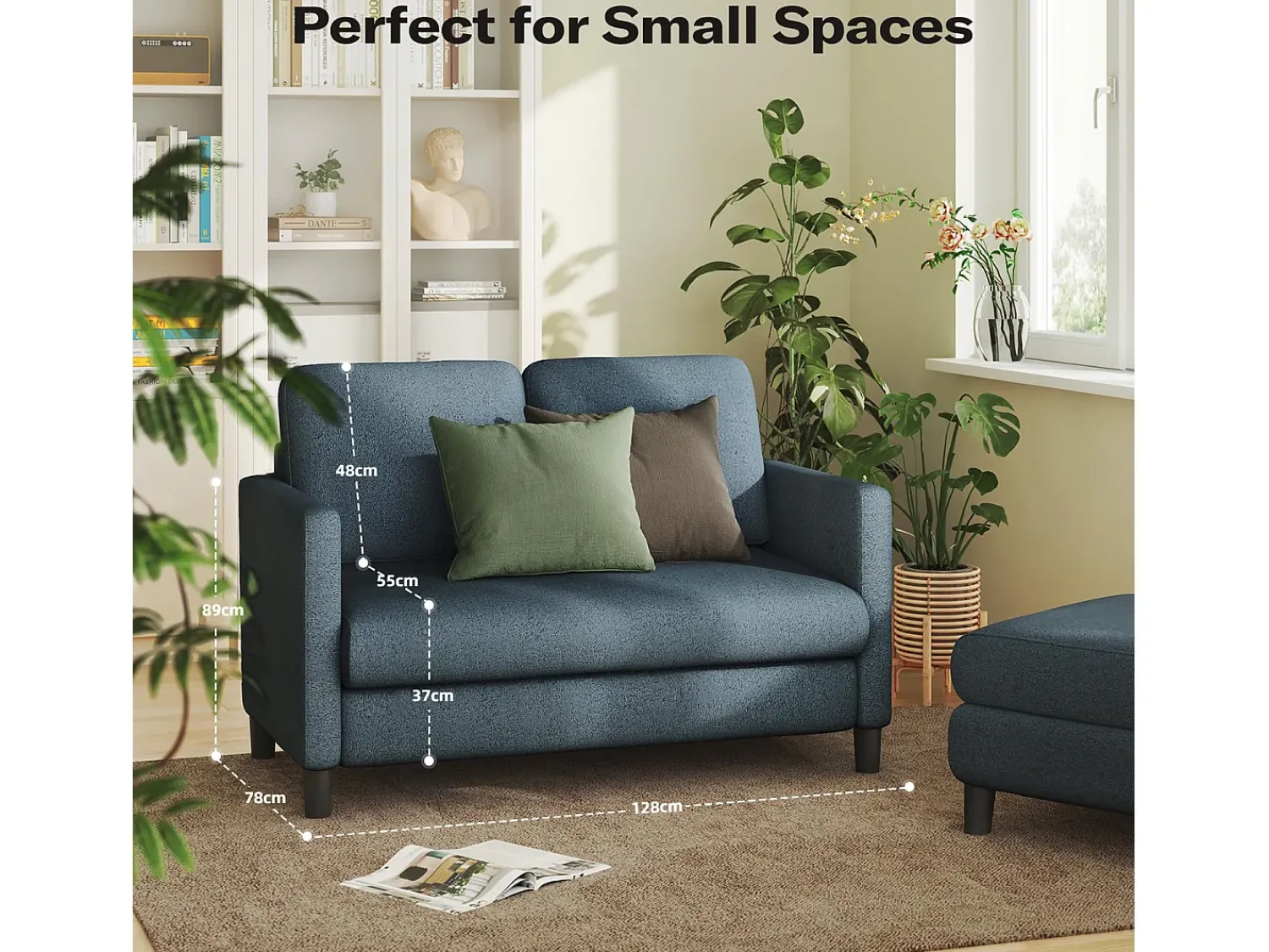 Sale DripeX Sofá de veludo de pelúcia , com assento profundo de 55 cm e apoios de braços - 128x78x89cm Azul